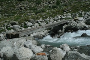 Eine Bretterbrücke führt über den Wildbach