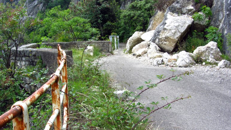 Steinschlag und Wildwuchs - die Natur holt sich die alte Straße zurück