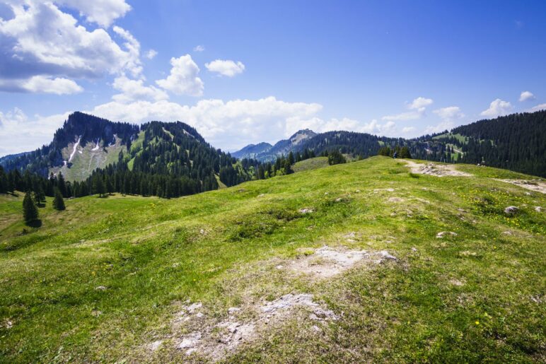 Blick zurück auf dem Laubenstein-Gipfel zu Predigtstuhl und Hochries