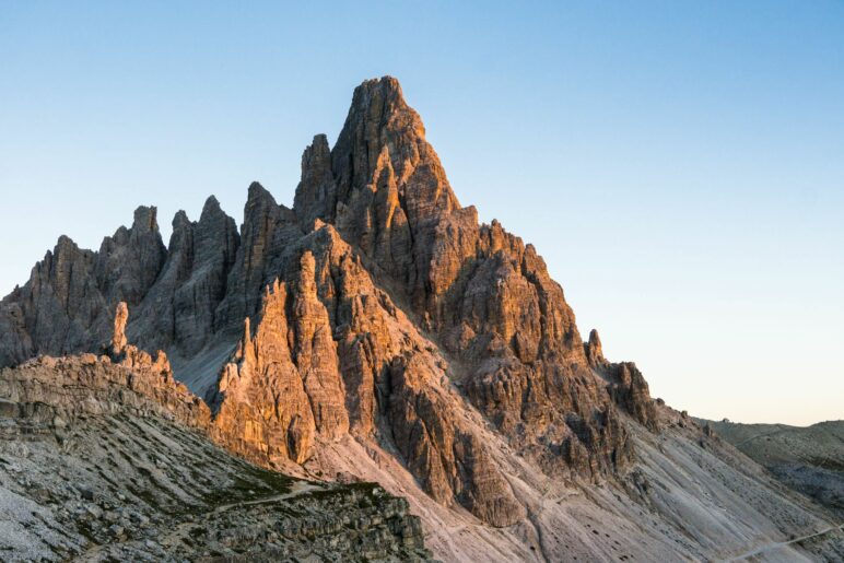 Der Paternkofel im Abendlicht. Und vorne links ist das Frankfurter Würstel zu sehen