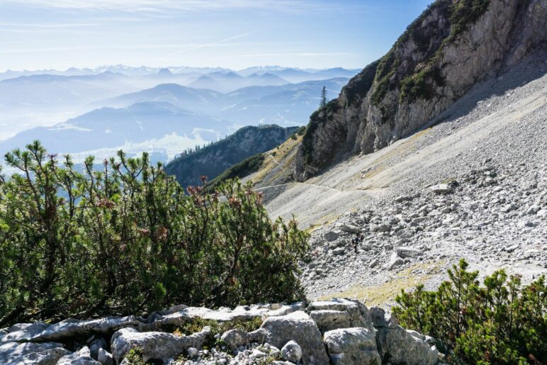 Der Blick zurück ins Tal und in die Alpen